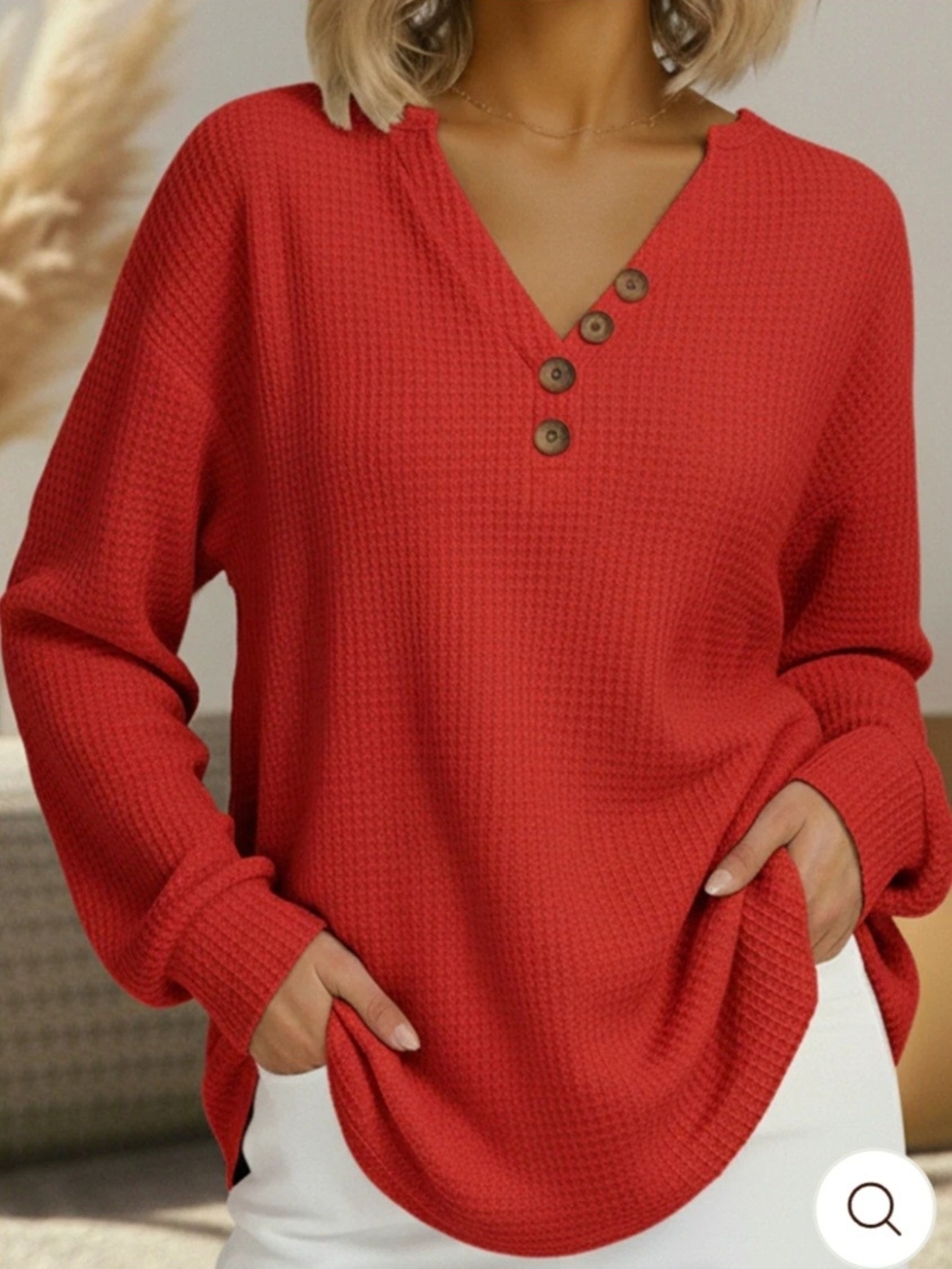 Red Waffle-Knit V-Neck Button Top